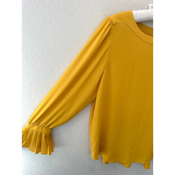 LOFT | Mustard Yellow Pleated Cuff Long Sleeve Blouse | Size Large - Picture 3 of 6